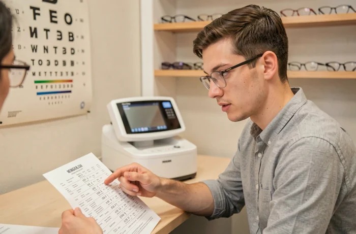 Jeune homme consultant son opticien pour choisir l'épaisseur de ses verres de lunettes selon son ordonnance