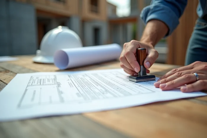 Signature et tampon officiel d'un contrat de garantie de chantier posé sur une table en bois sur un site de construction