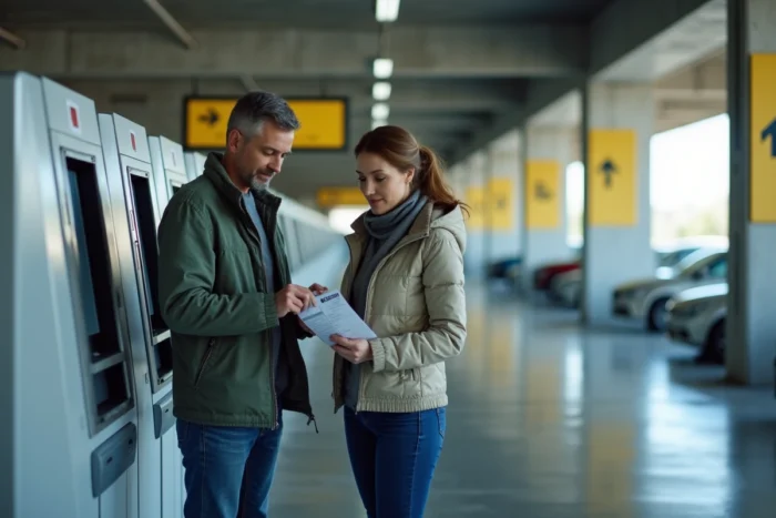Couple utilisant une borne de paiement dans le parking couvert de l'aéroport d'Orly pour régler leur stationnement