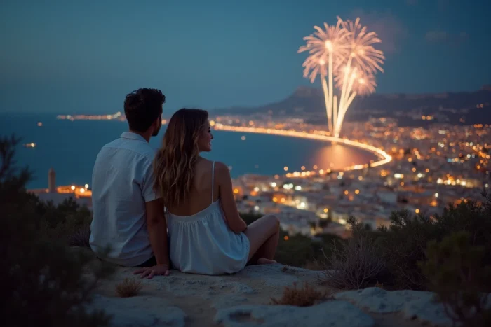 Couple assis sur une colline rocheuse admirant le feu d'artifice du 14 juillet avec panorama de Marseille en arrière-plan