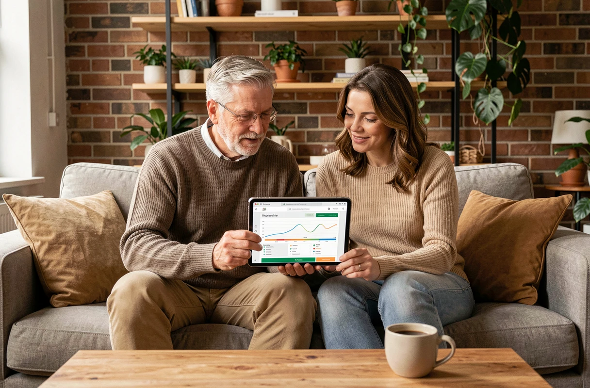 Couple comparant les avis sur Mint Energie sur une tablette dans leur appartement