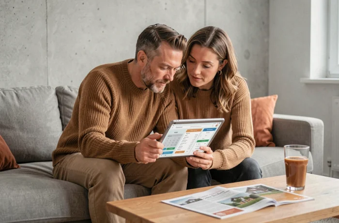 Pareja consultando comparativas inmobiliarias en línea en una tableta en su salón para preparar una inversión