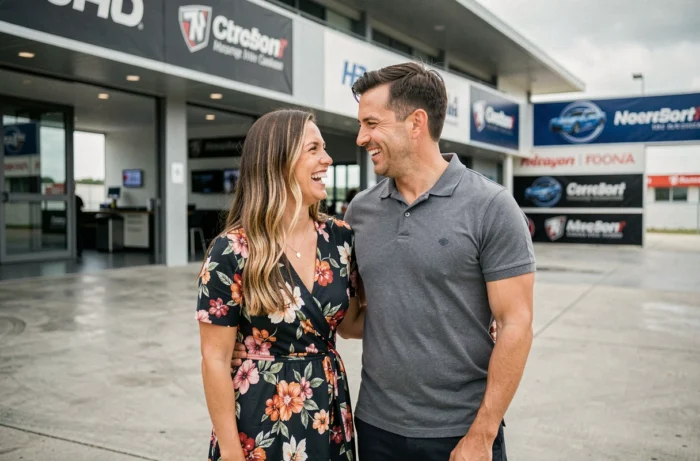 Couple souriant dans le paddock d'un circuit de course automobile lors d'un événement de MotoGP