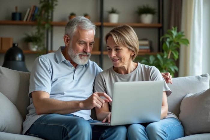 Couple de parents consultant des services familiaux et bons plans sur un ordinateur portable dans le salon