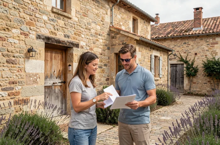 Couple visitant une location de vacances en pierre dans un village du sud de la France