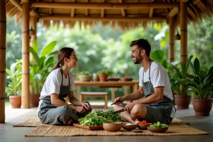 Deux voyageurs participant à un cours de cuisine thaïlandaise en plein air, découpant des herbes fraîches dans un pavillon en bambou