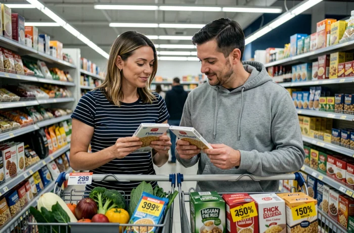 Coppia che confronta le etichette dei prodotti in un supermercato con un carrello pieno di spesa economica