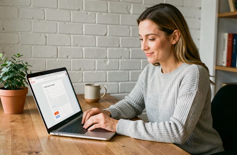 Femme créant un compte en ligne MyArkevia sur un ordinateur portable dans un bureau à domicile bien organisé