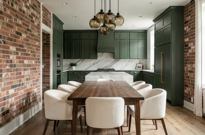 Open kitchen with matte green cabinets, Calacatta marble island, and cream boucle chairs for a trendy 2024 decor