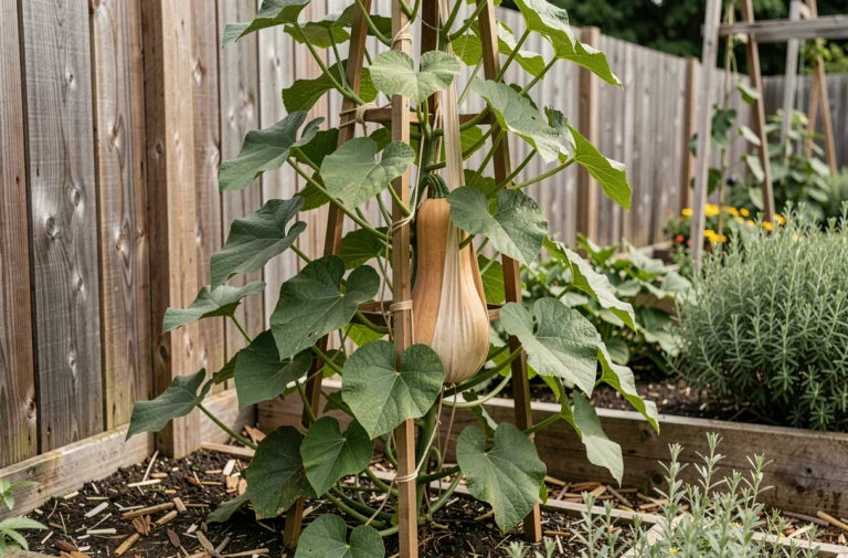Courge butternut cultivée en hauteur sur un treillis en bois dans un potager, avec des feuilles vertes et un fruit soutenu par une élingue en tissu