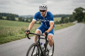 Cycliste sur un Scott Speedster 60 en train de rouler sur une route de campagne asphaltée lors d'un essai vélo de route