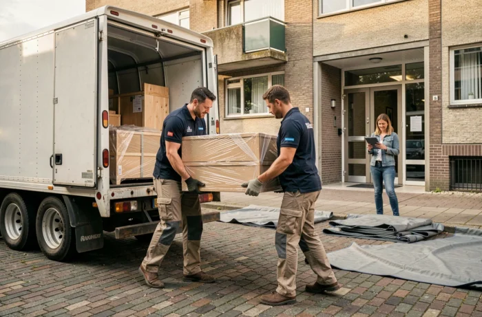 Deux déménageurs professionnels chargeant des meubles dans un camion sous la supervision du propriétaire avec une tablette