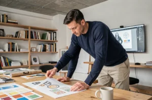 Designer graphique examinant des maquettes du nouveau logo Castorama 2026 sur un bureau en bois dans un studio moderne