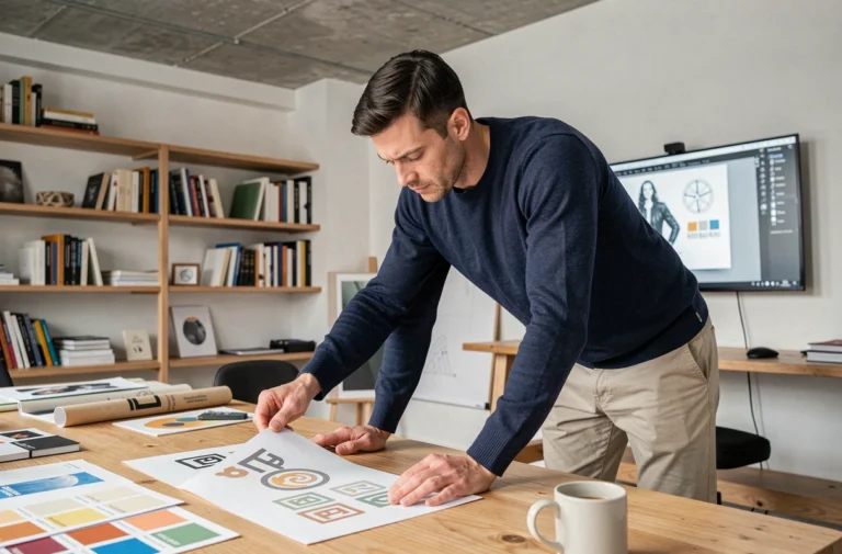 Designer graphique examinant des maquettes du nouveau logo Castorama 2026 sur un bureau en bois dans un studio moderne