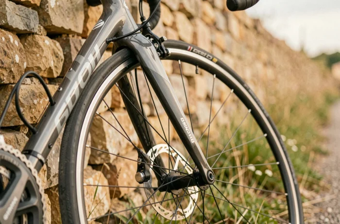 Detail van het frame en de Shimano-groep van de Scott Speedster 60 leunend tegen een stenen muur langs de weg