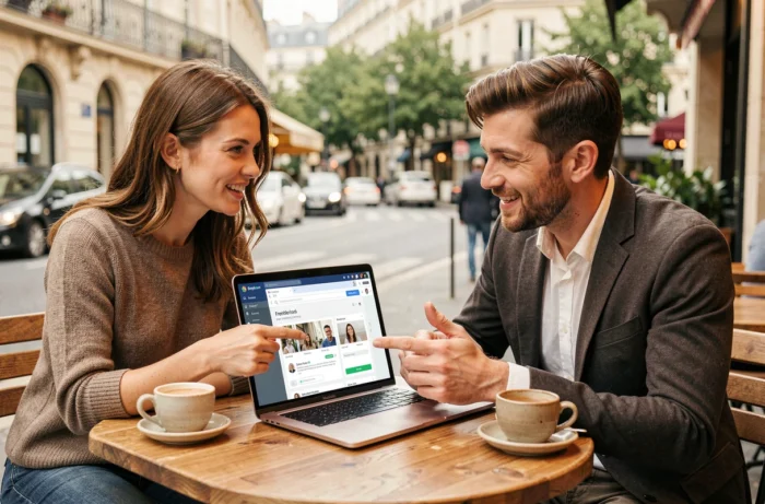 Two freelancers collaborating on the True Independents platform around a laptop at an urban café terrace