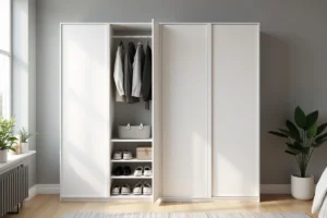 Dressing blanc Brico Dépôt ouvert avec rangements organisés dans une chambre moderne