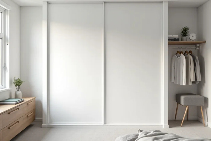 Dressing blanc à portes coulissantes dans un petit appartement rangement optimisé