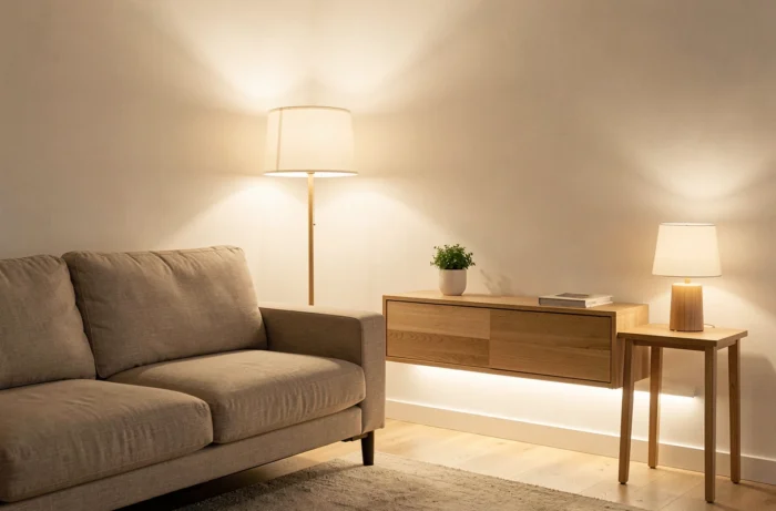 Plusieurs sources d'éclairage LED blanc chaud disposées à différentes hauteurs basses dans un salon douillet