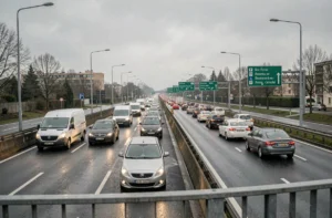 Embouteillage sur le périphérique de Rennes avec plusieurs files de voitures arrêtées sous un ciel nuageux