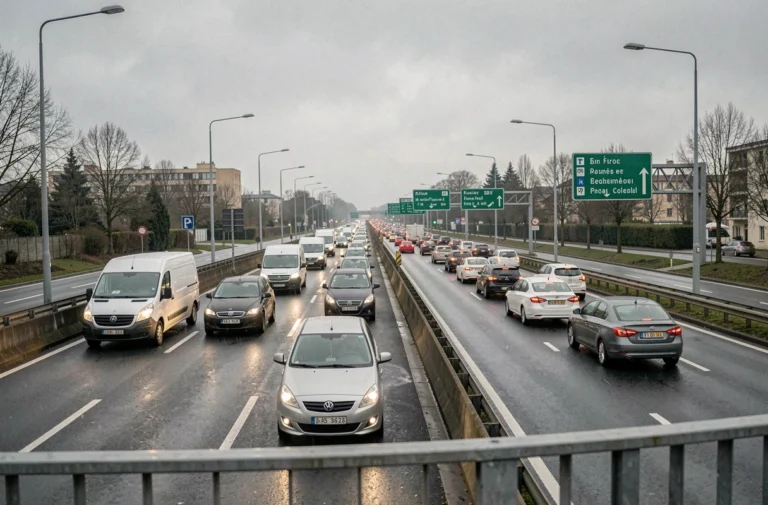 Embouteillage sur le périphérique de Rennes avec plusieurs files de voitures arrêtées sous un ciel nuageux