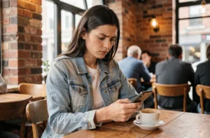 Femme curieuse dans un café consultant discrètement son smartphone, représentant l'enquête sur l'utilisation de Facebook Dating par un ami