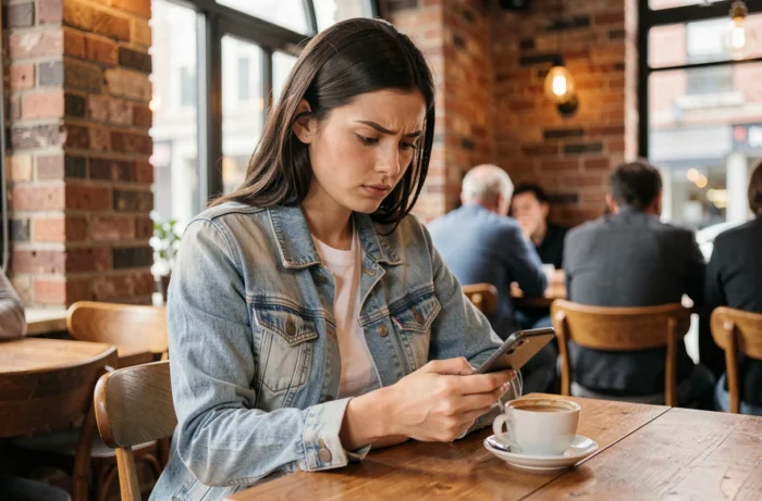 Femme curieuse dans un café consultant discrètement son smartphone, représentant l'enquête sur l'utilisation de Facebook Dating par un ami
