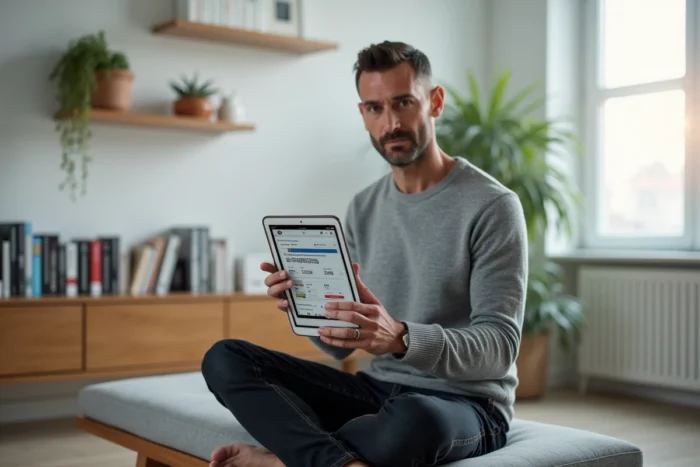 Homme entrepreneur consultant une campagne de marketing digital sur une tablette dans un bureau à domicile épuré