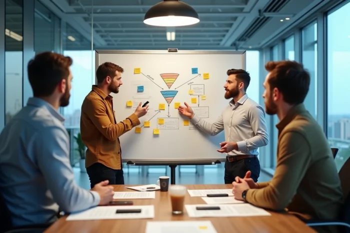 Équipe de professionnels élaborant une stratégie de marketing digital sur un tableau blanc dans une salle de réunion