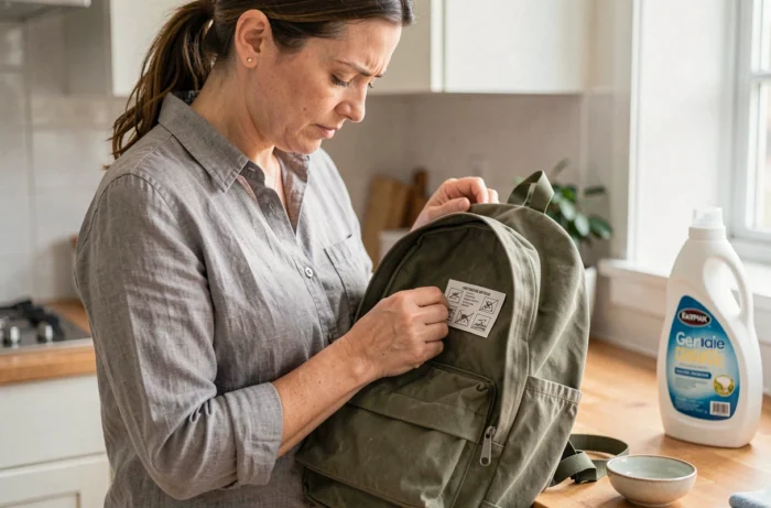 Femme lisant l'étiquette d'entretien d'un sac Eastpak avant de le laver en machine