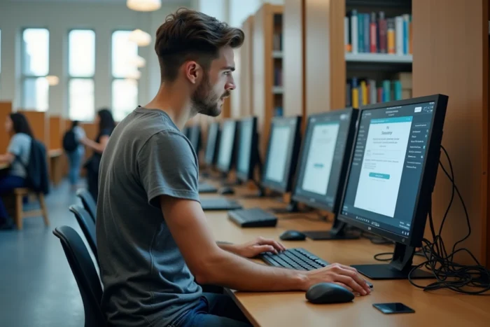Étudiant masculin consultant l'ENT du Mirail sur un ordinateur en bibliothèque universitaire avec un message d'erreur affiché