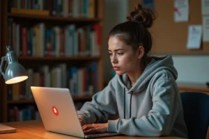 Étudiante frustrée devant un écran d'erreur de connexion sur l'ENT du Mirail dans une chambre universitaire