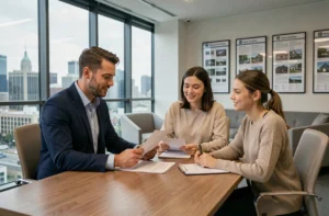 Expert immobilier présentant des documents d'investissement à un couple dans une agence immobilière moderne