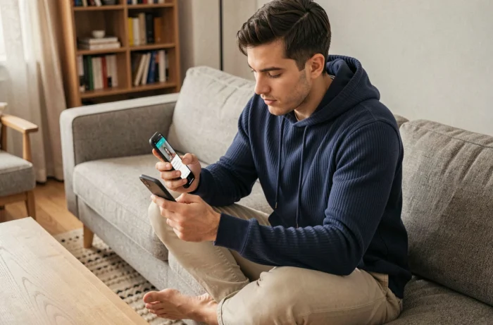 Homme explorant des profils suggérés sur une application de rencontre en modifiant les critères de recherche algorithmique