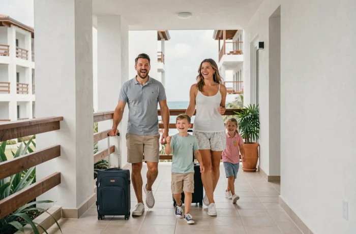Famille avec bagages arrivant dans un appartement de vacances en bord de mer