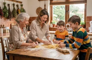 Grand-mère, mère et enfants préparant des pâtes ensemble dans une cuisine familiale chaleureuse, renforçant les liens intergénérationnels