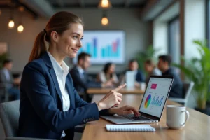 Femme professionnelle analysant des tableaux de bord de marketing digital sur un ordinateur portable dans un bureau moderne