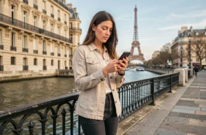 Femme utilisant une application nomade sur smartphone au bord de la Seine à Paris avec la Tour Eiffel en arrière-plan
