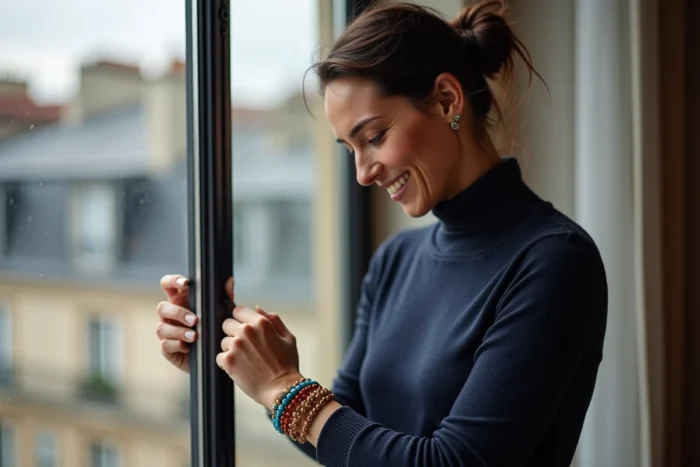 Femme élégante portant plusieurs bracelets Gigi Clozeau empilés en résine colorée, près d'une fenêtre avec vue sur les toits parisiens