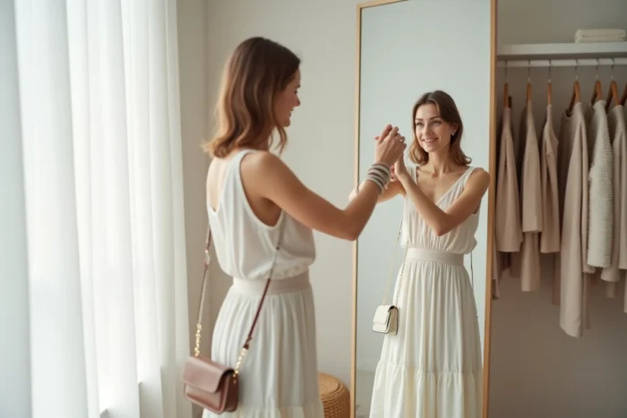 Femme dans une cabine d'essayage élégante admirant ses bracelets et son sac bandoulière, illustrant comment les accessoires Olivia Style transforment une tenue simple