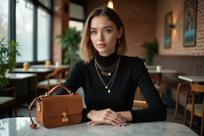 Jeune femme au café portant des colliers dorés et un sac en cuir, mettant en valeur les accessoires de mode Olivia Style dans une ambiance chic et décontractée