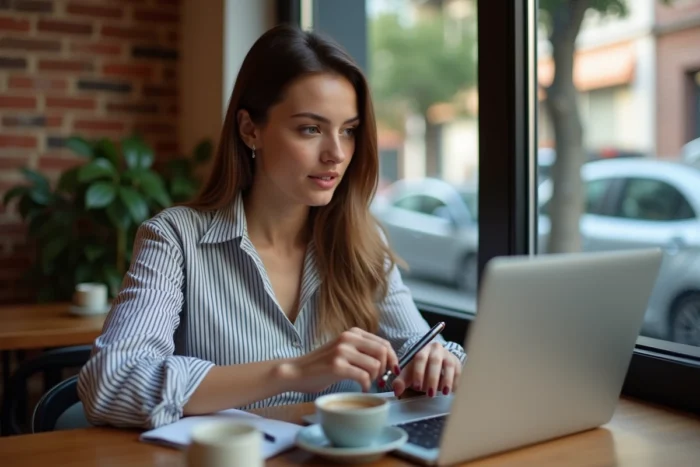 Jeune femme dans un café regardant un écran d'ordinateur portable avec un exercice de grammaire française sur le futur et le conditionnel