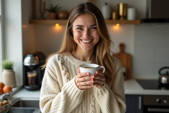 Femme tenant une tasse de café préparée avec une cafetière Senseo dans une cuisine chaleureuse