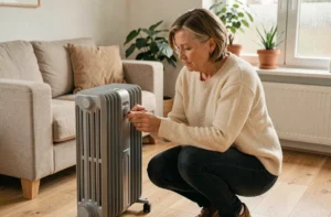 Femme examinant un radiateur électrique moderne dans un salon chaleureux de style scandinave pour choisir son équipement de chauffage