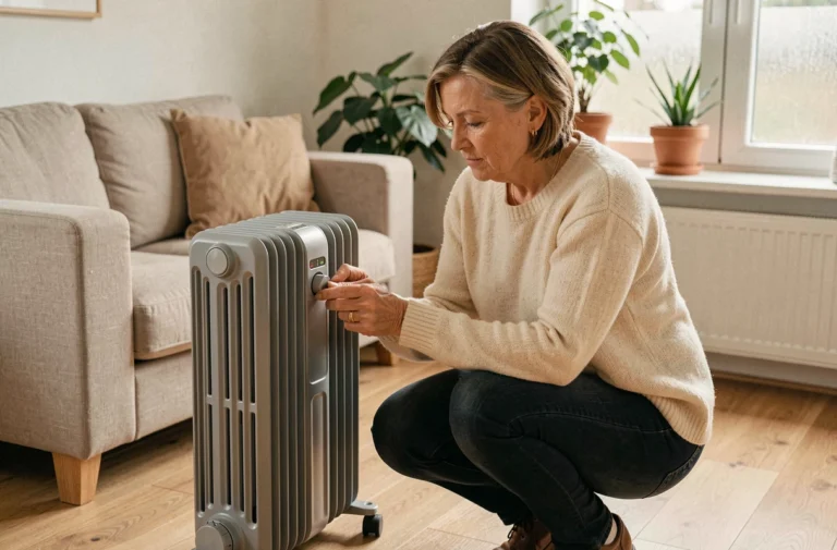 Femme examinant un radiateur électrique moderne dans un salon chaleureux de style scandinave pour choisir son équipement de chauffage