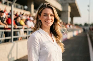 Femme élégante souriante devant les tribunes d'un circuit de MotoGP lors d'un jour de course