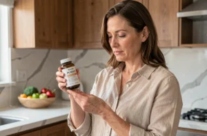 Femme lisant l'étiquette d'un complément alimentaire Safralite dans une cuisine moderne