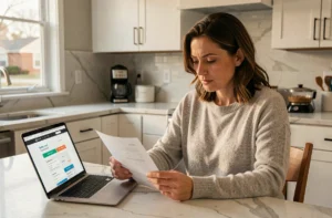 Femme consultant sa facture d'énergie Mint Energie à la maison en 2024