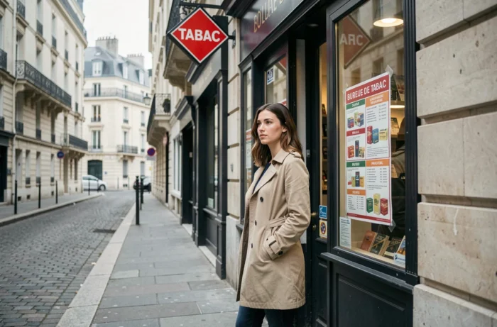 Femme lisant un affichage réglementaire devant la devanture d'un bureau de tabac français en milieu urbain