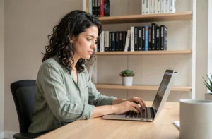 Femme développeuse informatique travaillant sur un ordinateur portable dans un bureau minimaliste moderne en 2024